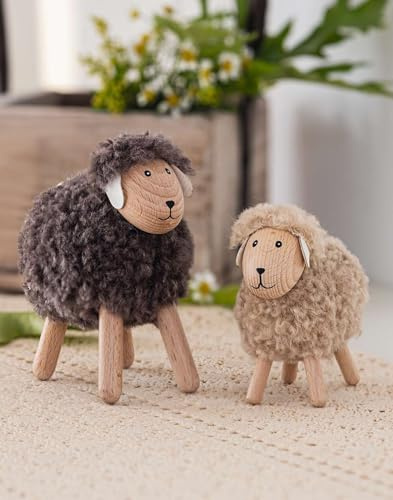 Dekoleidenschaft 2X Dekofigur Schaf Flauschi aus Holz & Wolle, braun + beige, Schäfchen, Osterdeko, Lamm