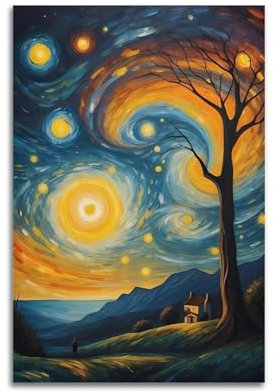 XFPMXC Poster artistico da parete su tela, motivo: notte stellata, capanna innevata, albero alto, sogno, decorativo, opera d'arte da parete, 60 x 90 cm