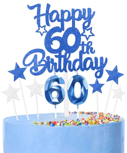 Royal Blue Happy 60th Birthday Candles Cake Topper Set,Number 60 Birthday Candles with 60th Birthday Cake Toppers Star Cupcake Toppers for Boys Men Birthday Anniversary Decorations
