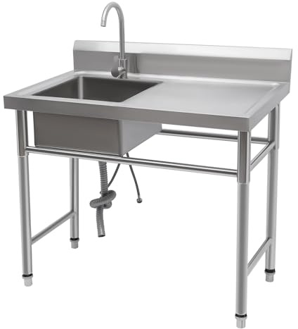 Lavello in acciaio inox Sacciaio inox 100 x 60 x 93 cm, 1 lavello 100 x 60 x 93 cm, 1 lavandino da esterno autoportante con unità di scarico, lavello da cucina con rubinetto lavandino sinistro
