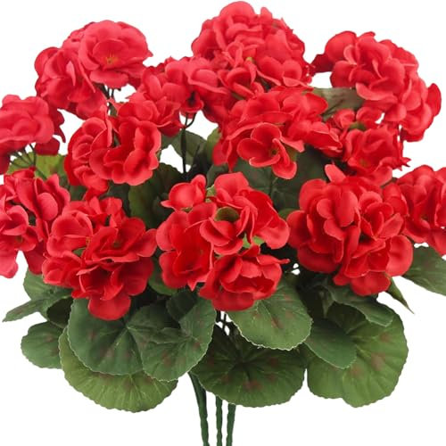 Künstliche Geranien, Sträucher, künstliche Geranien, lange Seidenblumenstiele, realistische Blumensträuße, Tischdekoration, Blumen mit grünen Blättern, Rot, 3 Sträuße