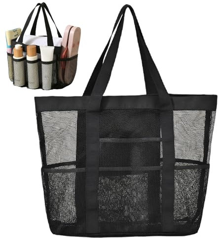 2 Stück Faltbare Strandtasche (Groß & Mittel), Netztasche für Sandspielzeug, Mesh Beach Bag, Badetasche mit Wasserdichten Taschen für Strand, Pool, Reisen – Schwarz