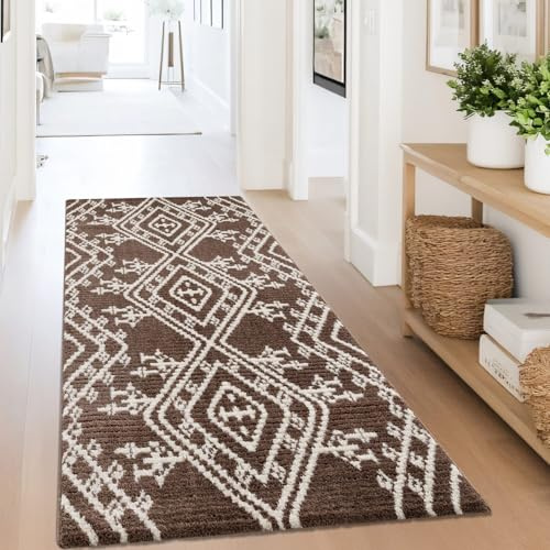 carpet city Teppich-Läufer Flauschig Braun - 80x300 cm - Raute, Azteken-Muster - Weiche Microfasern - Boho Teppiche Flur, Wohnzimmer, Schlafzimmer