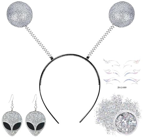 Alien Haarreif Silver,Space Haarreif Fühler Kopfschmuck mit 2 Bällen & Alien-Ohrringe,Glitzer Disco Kugel Alien Stirnband Kopfschmuck Kostüm Accessoire Karneval & Fasching Haarschmuck Deko für Damen