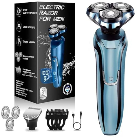 Pro 8 Afeitadora Eléctrica Hombre, Maquina de Afeitar Hombre Recargable IPX7, Afeitadora Barba Foil Shaver 4 en 1, Afeitado en Seco y Húmedo con Pantalla LCD (Azul)