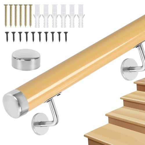 Handrail with Brackets, Non-Slip Stair Railings Support Rod, Against The Wall Elderly and Children's Safety Banister Rail for Indoor Loft - PVC Imitation Wood Handrails for Stairs