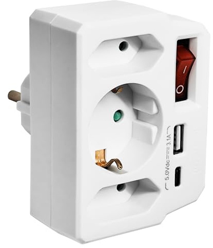 Zelkan Ciabatta Multipresa con USB C - Verticale - Multipresa da Parete a 3 Presa Schuko - Presa Multipla USB a Muro Senza Fili e Interruttore- Ciabatta Elettrica Multi Schuko - Bianco