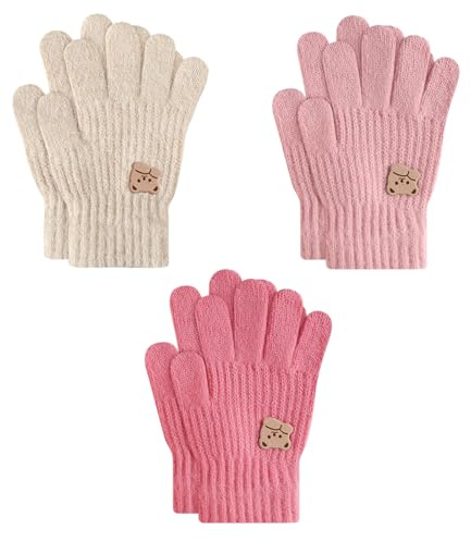 TAGVO 3 Pairs Kids Winter Knit Warm Gloves for Girls Boys Age 3-7, Kids Stretchy Thermal Soft Grippy Magic Gloves, Windproof Full Finger Mittens Multipack for Childrens - Spring, Autumn and Winter