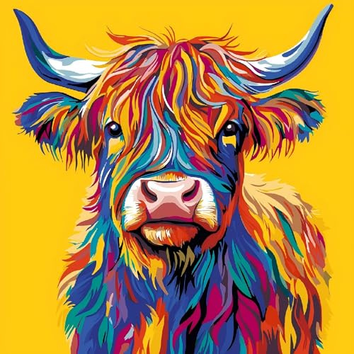 HKLIOPU Highland Cow Painting by Number Kits for Adult,DIY Canvas Oil Painting Kit for Beginner,Acrylic Arts Craft for Home Wall Decor 16x16inch