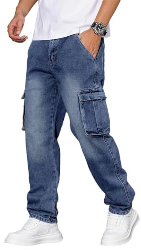Yegirlzs Baggy Jeans Uomo Loose Fit Cargo Pantaloni in Denim Larghi Jeans Wide Leg Y2K Hip Hop Moda Casual Streetwear A Blu L