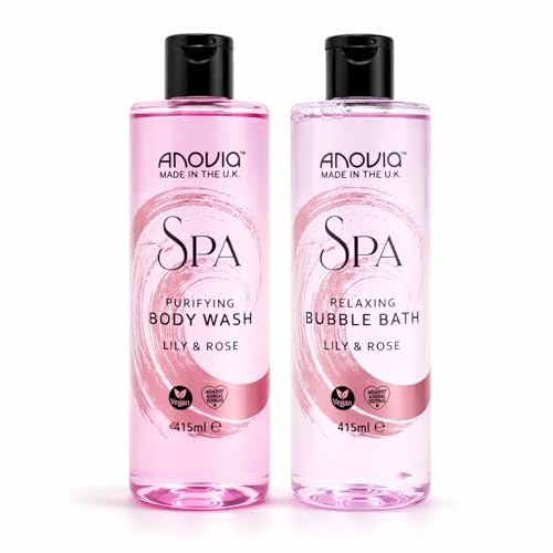 Anovia Spa Body Wash & Bubble Bath Set 2 x 415ml – Lily & Rose Scent, Moisturising Shower Gel & Relaxing Bath Soak, Daily Body Cleanser for Women & Men