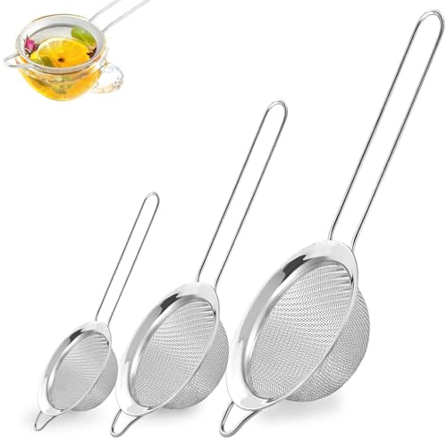 3 Stück Küchensieb Edelstahl Set,Feinmaschig Sieb Küche mit Verstärktem Griff 6/8/10 cm, Küchensieb Hochwertig Edelstahl Sieb für Nudeln, Quinoa, Reis, Mehl, Tee, Obst und Gemüse