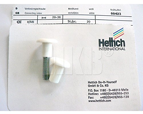 HKB ® 20 Stück Verbindungsschraube Metallgewinde M6, ø = 8mm, Kunststoff weiß, 29-36 mm, Hersteller Hettich, Artikelnr. 423