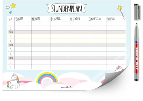 younikat Stundenplan abwischbar selbstklebend Einhorn Blau - DIN A4 - dv973 | Wiederbeschreibbar, Digitaldruck, Whiteboard-Oberfläche, selbstklebende Rückseite, zum Schulanfang, inkl. Stift