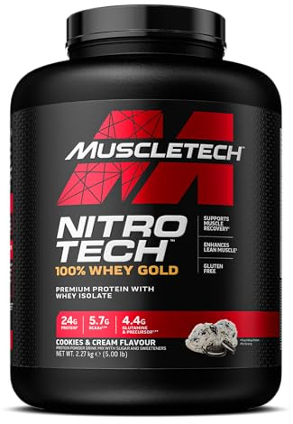 MuscleTech NitroTech 100% Whey Gold Protein Pulver, Whey Isolate Proteinpulver & Peptides, Proteinpulver für Männer und Frauen, 5.5g BCAA, 71 Servings, 2.27kg, Cookies & Cream