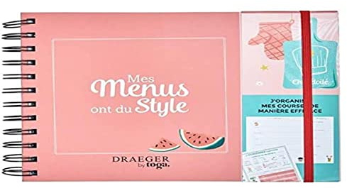 Draeger - Kit Menu Planner - J'organise mes Courses et mes Menus - Bloc Notes + Enveloppe de Rangement + Fiches détachables - Couverture Rigide, Fermeture Élastique
