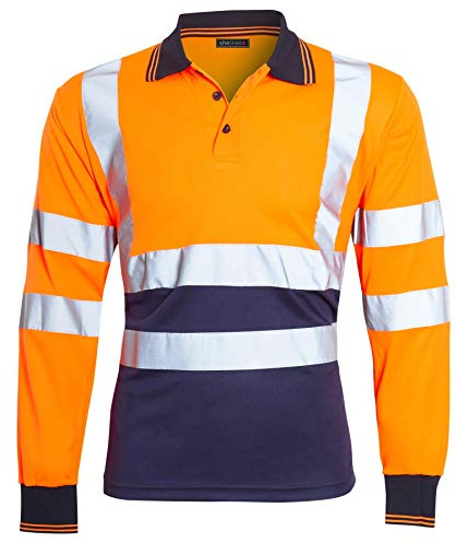 shelikes Mens Hi Vis Viz Polo Tshirt Top Long Sleeve Polos Shirt High Visibility Tee Shirt Work Utility & Safety Clothing PPE Workwear Tops Orange/Navy