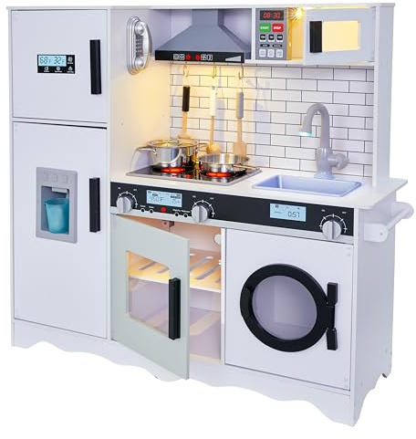 Lil’ Jumbl Kids Kitchen Set, Pretend Wooden Play Kitchen, Battery Operated Icemaker, Microwave, Range Hood, Stove Top, Oven, with Realistic Sound & Lights, Pots, Pan, & Utensils Included