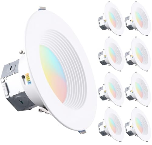 TORCHSTAR 8-Pack 5CCT 6 Inch LED Integrated Canless LED Recessed Lighting with J-Box, Anti-Glare Deep Baffle, CRI90 Dimmable Ceiling Downlight, ETL Air Tight IC Rated, 2700K3000K3500K4000K5000K