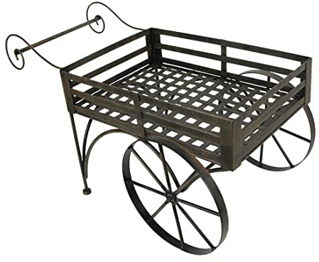 Zeckos Charming Rustic Brown Metal Wagon Cart Plant Stand and Flower Holder - Transform Your Indoor and Outdoor Spaces - A Stunning Patio Art Piece for Your Garden Decor