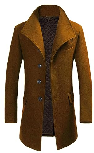 Allthemen Mens Wool Trench Coat Mid Length Overcoat | Mens Wool Blend Winter Warm Overcoat Wedding Business Casual Coat Button Down Lapel Outerwear Solid Color Regular Fit