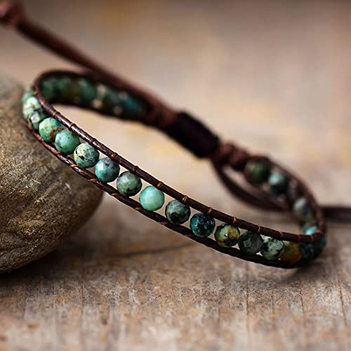 LCDIUDIU Chakra Armband,Naturstein Afrikanischer Türkis Kristall Armband Boho Handgemachte Perlen Leder Wickelarmband Energie Edelsteine ​​Perlen Armreif Schmuck Für Männer Frauen Geschenk