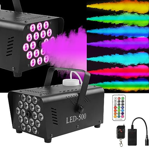 Smoke Machines Fog Machine with 18 LED Party Lights, 500W Mini Home Disco Smoke Machine Colors Strobe Effect Automatico Fog&Wireless Remote for Halloween, Christmas, Wedding, Birthday ect.