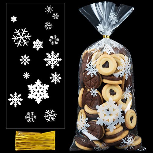 100 Stück Plätzchentüten Weihnachten Cellophantüten, Schneeflocke Kekstüten Weihnachten 12.8x27cm Klarsichttüten, Geschenktüten Weihnachtstüten Klein mit Twist Krawatten für Süßigkeiten Schokolade