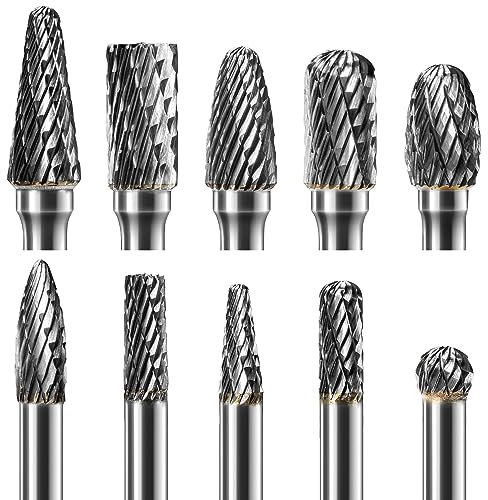 Fräser Set, 10 Stück Holzfräser für bohrmaschine, Hartmetallfräser Fräsbohrer, 6mm(1/4) Schaft Doppelschnitt Rotationsfräser