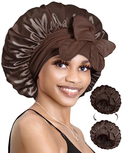 BONNET QUEEN Seidenhaube zum Schlafen mit Haarschutz für Nacht, Doppelseitige Schlafhaube Seide für Lange Haare & Locken, Verstellbare Satin Haarhaube für Damen mit Bindeband, Schokolade