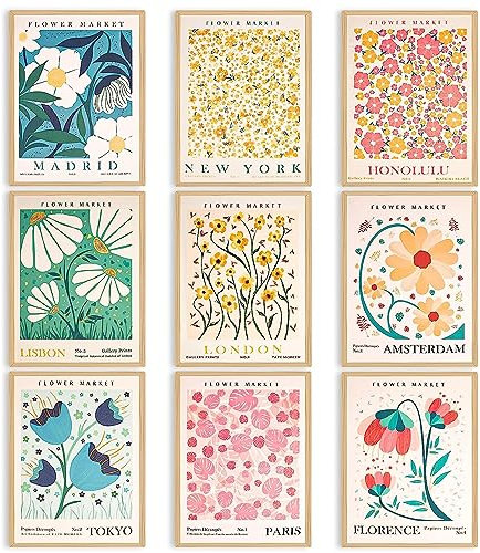 9 Piezas Póster de Mercado de Flores,Póster Moderno de Mercado de Flores Cuadros de Pared Vintage Poster Art Prints Living Room Cuadros de Pared para Decoración de Habitaciones (20 x 30cm Sin Marco)