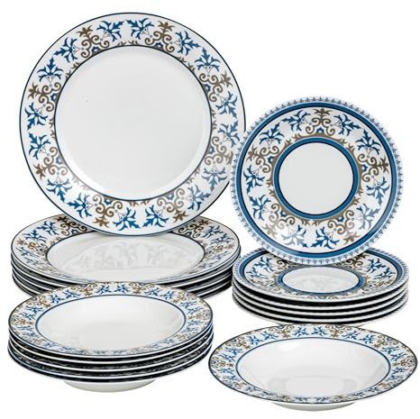 Baroni Home Vajilla de 18 Piezas de Porcelana, Juego de Platos para 6 Personas, Platos Hondos, Platos Llanos, Platos de Frutas o Dulces, Estilo Cementine