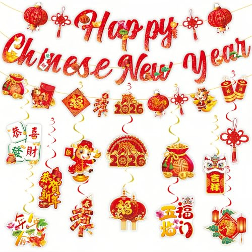 2026 Chinese New Year Decorations, Hanging Swirl Banner Decorations for Year of Horse, Bilingual Happy New Years Bunting Banner for Spring Festival Chunjie Home Party Ceiling Tree Hanging