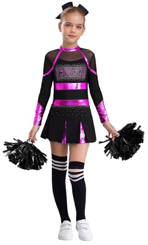 HULIJA Barn Flicka Cheer Leader Klänning Långärmad Cheerleading Uniform med Pompoms + Strumpor + Huvudbonader Cheer Outfits Set Karneval Cosplay A Varm Rosa & Svart 158-164