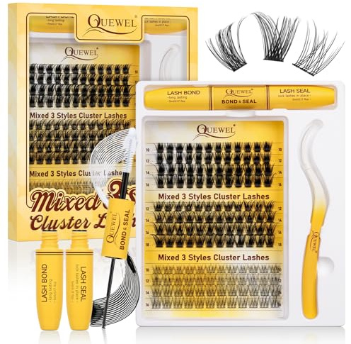 QUEWEL DIY Lash Extension Set, gemischte Wimpern Extensions in 3 Stilen, 176STK Cluster Lashes verschiedener Typen mit Wimpernkleber und Wimpernpinzette für zu Hause (QU23+QU24+QU25-Set)