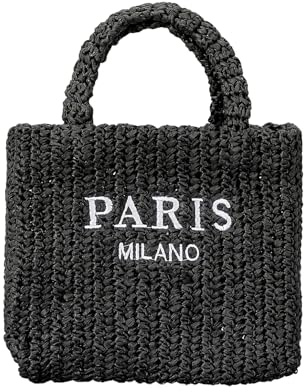 OWGSEE Stroh-Strandtasche für Damen, Sommer, gewebte Tragetasche, verstaubare Stroh-Geldbörsen und Handtaschen für Urlaub, Urlaub, S-schwarz, Small
