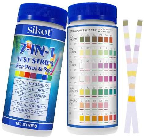 7 IN 1 Pool Teststreifen 150 Stück, Spa Whirlpool Teststreifen für PH-Wert, Freies Chlor, Gesamthärte, Brom, Gesamtchlor, Cyanursäure, Gesamtalkalität