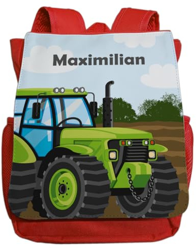 minimutz Kindergartenrucksack Jungen - Personalisiert mit Namen - Kinderrucksack Traktor Trekker Bauernhof - Kleiner Freizeitrucksack Kita Kindergarten 2-5 Jahre (rot)
