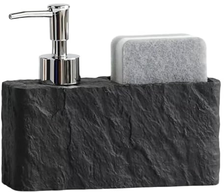 Premium ResinStone Kitchen/Bath Soap Dispenser, Elegant Hand Wash, Washing Up Liquid, Dish Soap and Sponge Caddy, 2 in 1 Organizer for Kitchen Sink (Black stone)