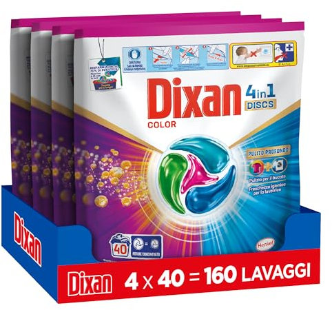 Dixan DISCS 4in1 Color Detersivo Lavatrice, 4 confezioni da 40 lavaggi, Capsule lavatrice per colori vivaci, pulizia profonda del bucato e freschezza igienica per lavatrice, Rimuove le macchie da 20°C
