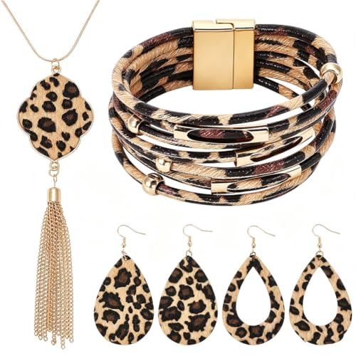 UNICRAFTALE 4 Set Schmuckset Leopardenmuster Halskette Mit Palmenblatt Anhänger Winter Boho Tropfenohrringe Mehrlagige Armbänder Halskette Armband Stilvolles Schmuckset Weihnachtsschmuck Für Frauen