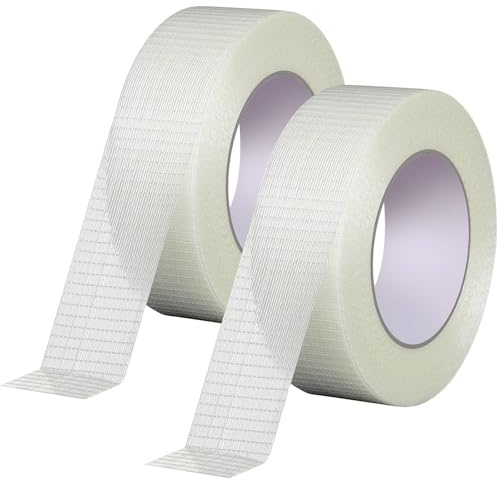 2Pack 1 Inch Wide Long Extra Strong Cross weave Reinforced Tape, Transparent Bi-Directional Filament Strapping Tape, Heavy Duty Anti Crack Water Proof Cricket Bat Tape Fiberglass Reinforced Tape