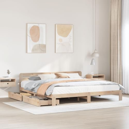 Homgoday Bett mit Schubladen Bettrahmen Stauraumbett Holzbett Schubladenbett Doppelbett Einzelbett Bettgestell mit Kopfteil für Schlafzimmer Gästezimmer 180x200 Kiefernholz
