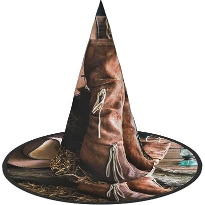 YFSGDLBN Cowgirl-Stiefel-Hut auf Bauernhof, bedruckt, Halloween-Hut, Hexenhut, spitzer Hut, dekorativer Hut