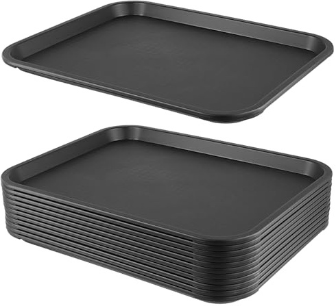 FUNSUEI 12 Stück Fast Food Tablett, Serviertablett Rechteckig Schwarz, 35 x 27 x 2,3 cm Kunststoff Tablett für Küche, Restaurant