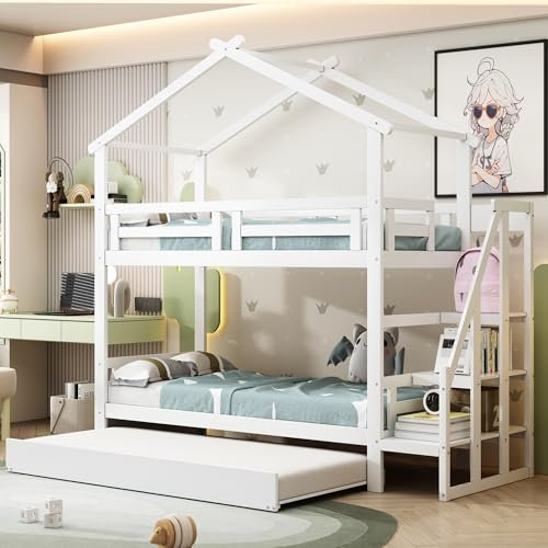 WIZBED Etagenbett 90x200 mit ausziehbarem Bett und Treppe, Kinderbett Hausbett für 2 Kinder, Ausziehbett mit lattenrost und Rausfallschutz, Stockbett Funktionsbett, ohne Matratze