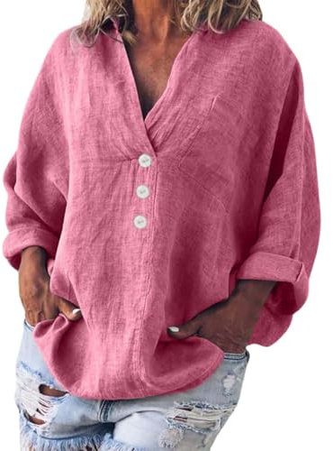 Damen-Krawatte, modisch, lässig, V-Ausschnitt, Baumwoll- und Leinen-Imitat, Langarm-Shirt, Pullover, Damen-Shirt, Layering-Hemden für Frauen, rot, XXL