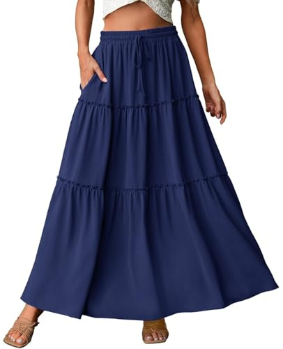 Genfien Damkjolar elegant maxikjol elastisk midja veckad en linje kjolar boho för fest sommar enkel vardaglig, BLÅ, L