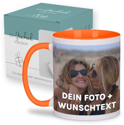 Personalisierte Tasse | personalisiert mit Foto oder Text | Tasse mit Bild | Geschenkidee | Fototasse | Bürotasse oder für Zuhause | Spülmaschinenfest | Orange mit Geschenkkarton Geschenk