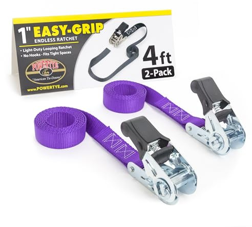 PowerTye 1in x 4ft Easy-Grip Endless Ratchet Straps, Purple 2-Pack